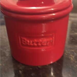 Red Butter bell Crock - Embossed "Butter" Ceramic Jar